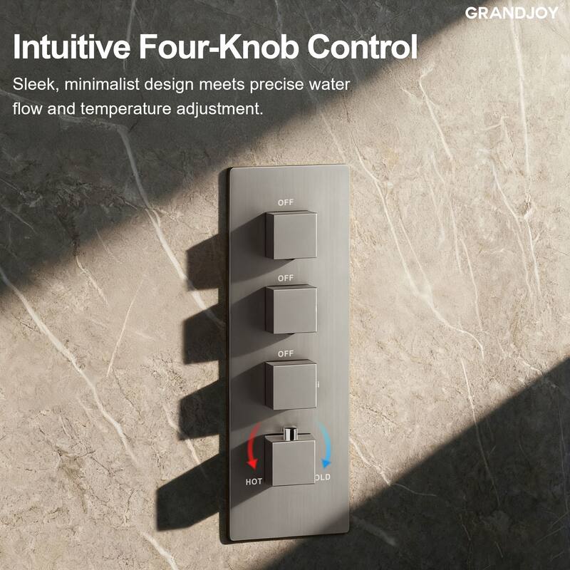 GRANDJOY Thermostatic LED Rain and Waterfall Shower System with Handheld, Built-In Music Function