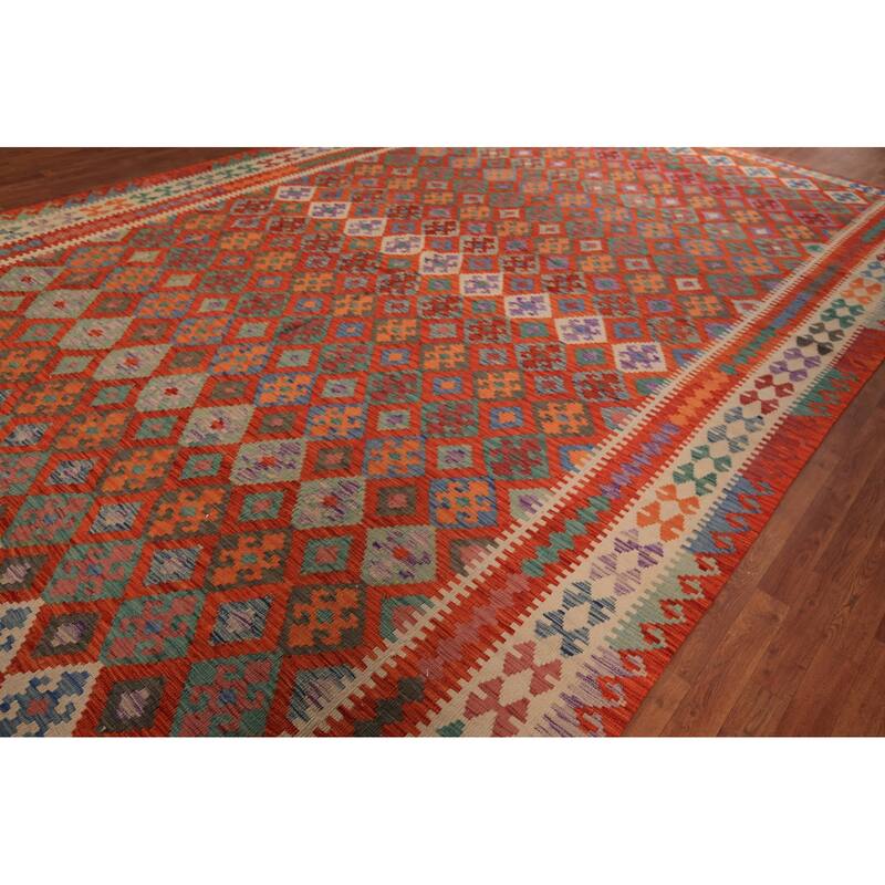 Orange Geometric Kilim Oriental Large Rug Flatweave Wool Carpet - 10'1" x 16'3"