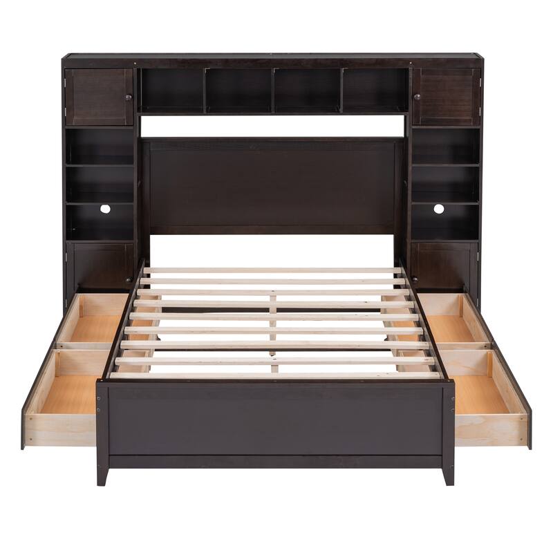 Espresso Full Size Wood Upholstered Bed w/ Cabinet Platform Bed Frame