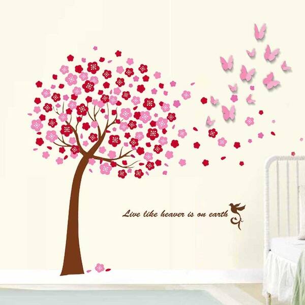 slide 2 of 5, Walplus Huge Pink Tree 3D Pink Butterfly Wall Sticker DIY Home Decor