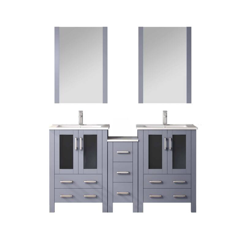 Volez Double Bath Vanity with Side Cabinet, Faucet Set, White Ceramic Top and Mirrors - 60 - Dark Grey