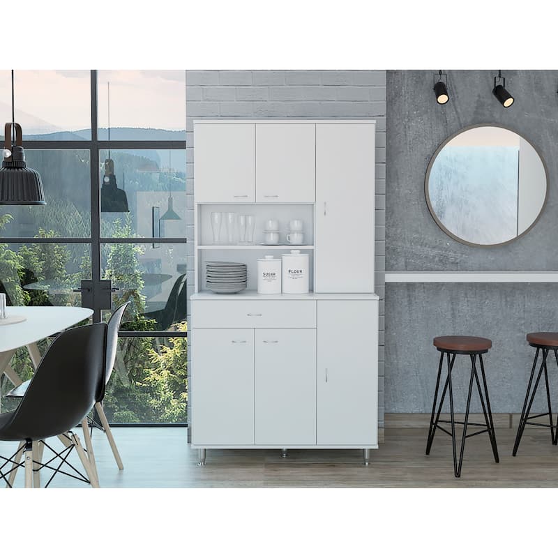 Kitchen Pantry Cabinet, Two Open Shelves, One Drawer, Multiple Cabinets
