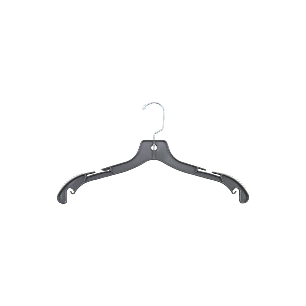 Grey Plastic Top Hanger W/ Non-Slip Rubber Shoulder Strips & Notches, 17" Length X 3/8" Thick, Chrome Hook Box of 100
