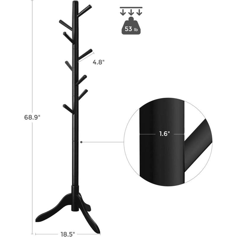 Solid Wood Modern Coat Rack, 8 Hooks, 53 lb Capacity, Adjustable 3-Section Design with Triangular Base