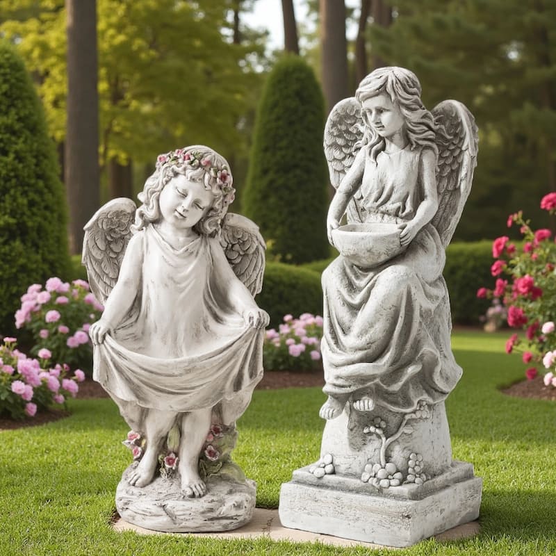 Glitzhome Vintage MgO Angel Distressed Garden Statue Sculpture with a Birdfeeder