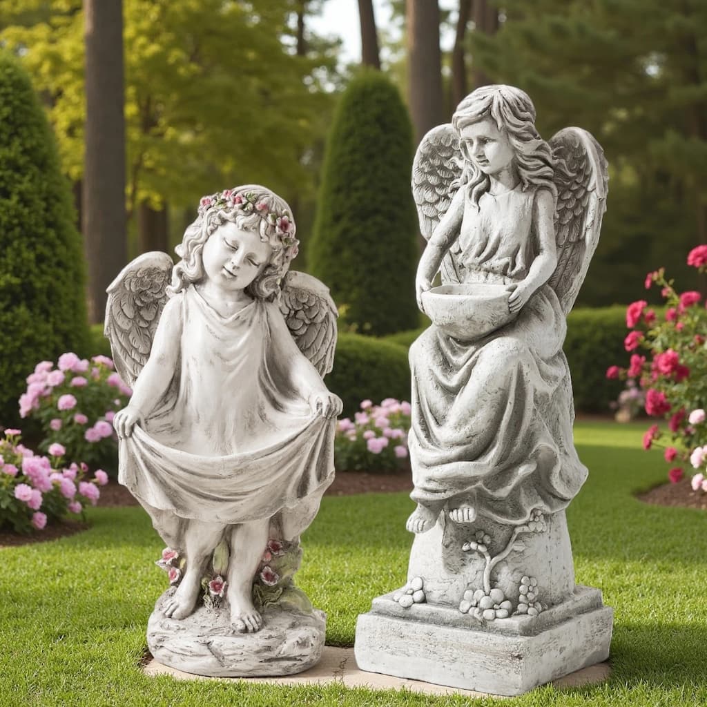 Glitzhome Vintage MgO Angel Distressed Garden Statue Sculpture with a Birdfeeder