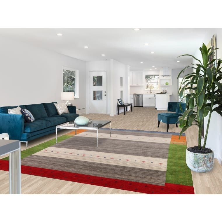 Striped Gabbeh Indian Area Rug Handmade Multi-Color Wool Carpet - 8'1"x 9'7"