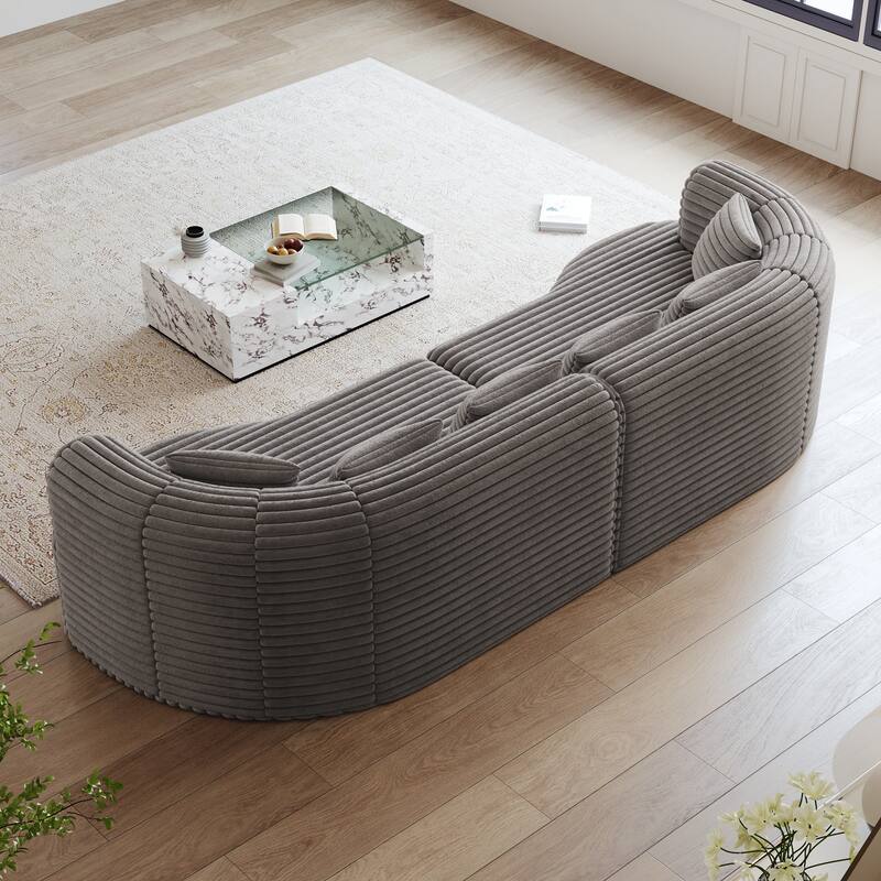 Corduroy Curved Chaise Sectional Sofa with Deep Seating and 6 Pillows
