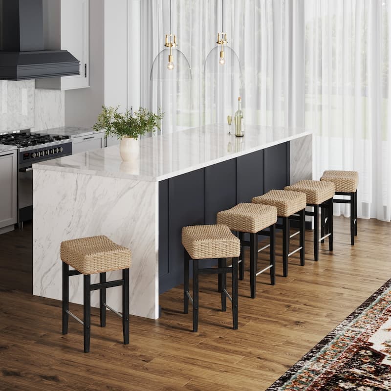 Harvey Rattan Bar Stool, Bohemian Counter Height Stool with Woven Seagrass Seat, Solid Wood Legs, and Metal Footrest