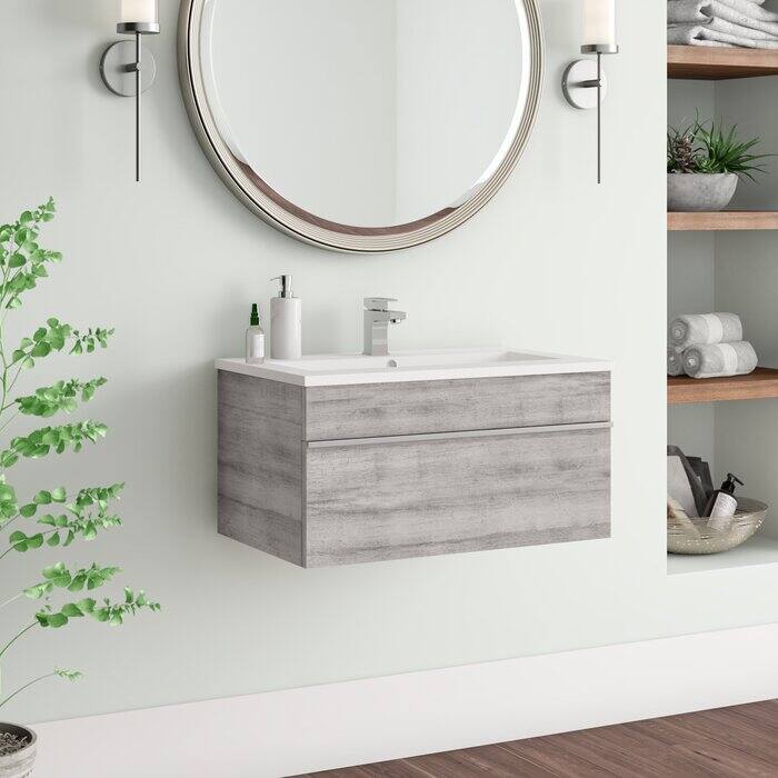 Trough Collection 30" Wall Mount Cultured Marble Top Bathroom Vanity with Sink and Drawers