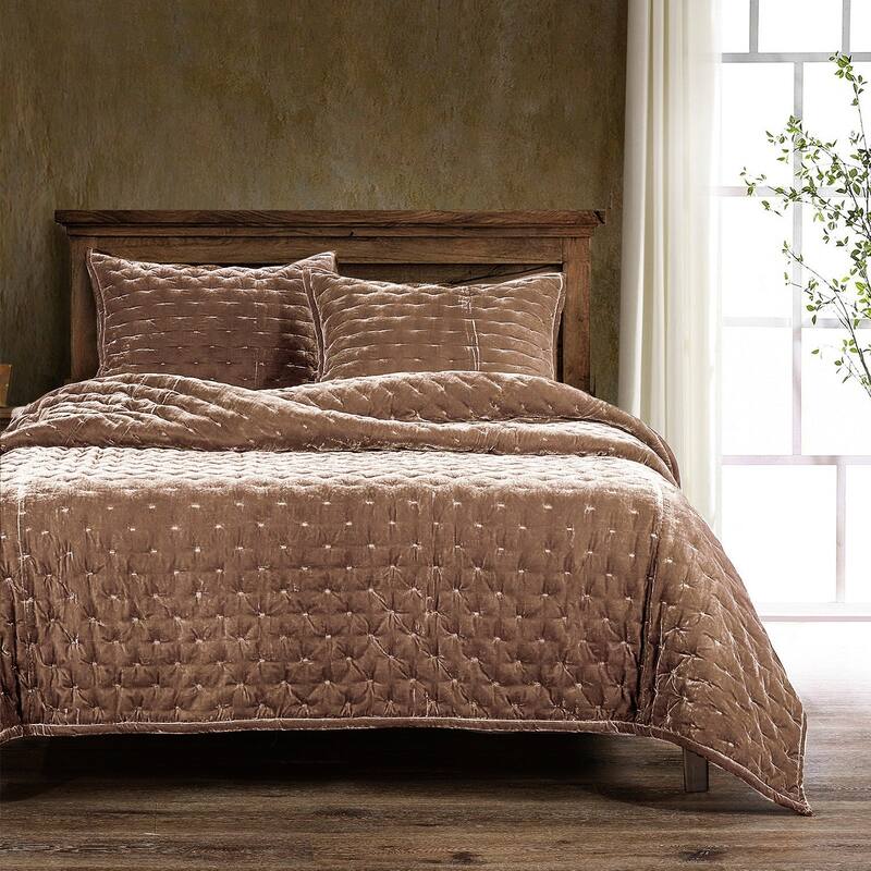 HiEnd Accents Stella Solid Color Faux Silk Velvet Romantic Modern Rustic 3 Piece Quilt Set with Pillow Shams - Dusty Rose - Queen