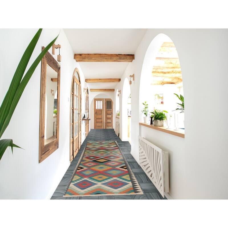 Hand Woven Oriental 100% Wool Carpet Southwestern All-Over Multi-Colored Kilim Runner Rug - 12' 10'' X 2' 9''