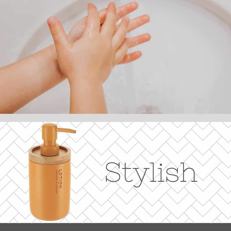 Elegant Soap Dispenser - Polyresin and Bamboo Design, Refillable Liquid Pump - 3 L x 3 W X 7 h