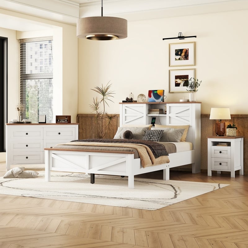 3-Pieces Farmhouse Bedroom Sets, Platform Bed with Sliding Door Storage Headboard and Charging, Nightstand and Dresser