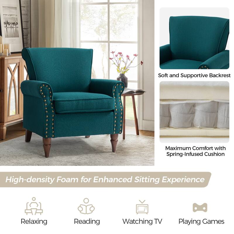 Nyctelius Upholstered Comfy Accent chair with Turned Wooden Legs and Nailhead Trim Set of 2 by HULALA HOME