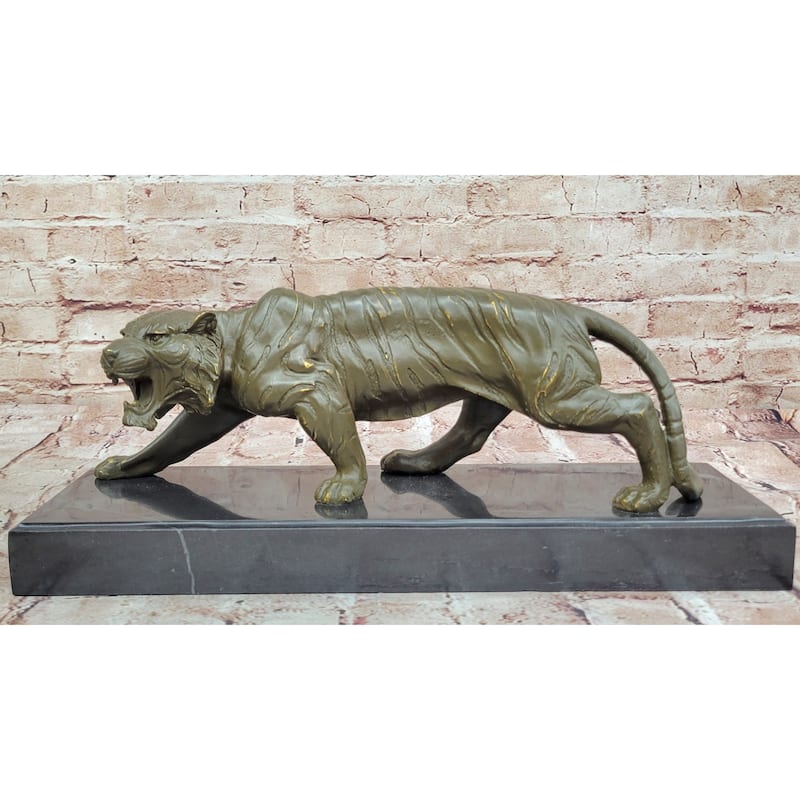 Roaring Bronze Tiger Sculpture On Marble Base – Wildlife Art