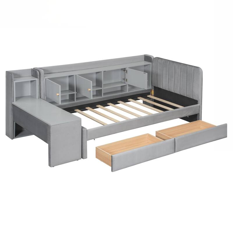 Twin Size Upholstered Daybed with Drawers, Shelves, Flip Cabinets & Side Table