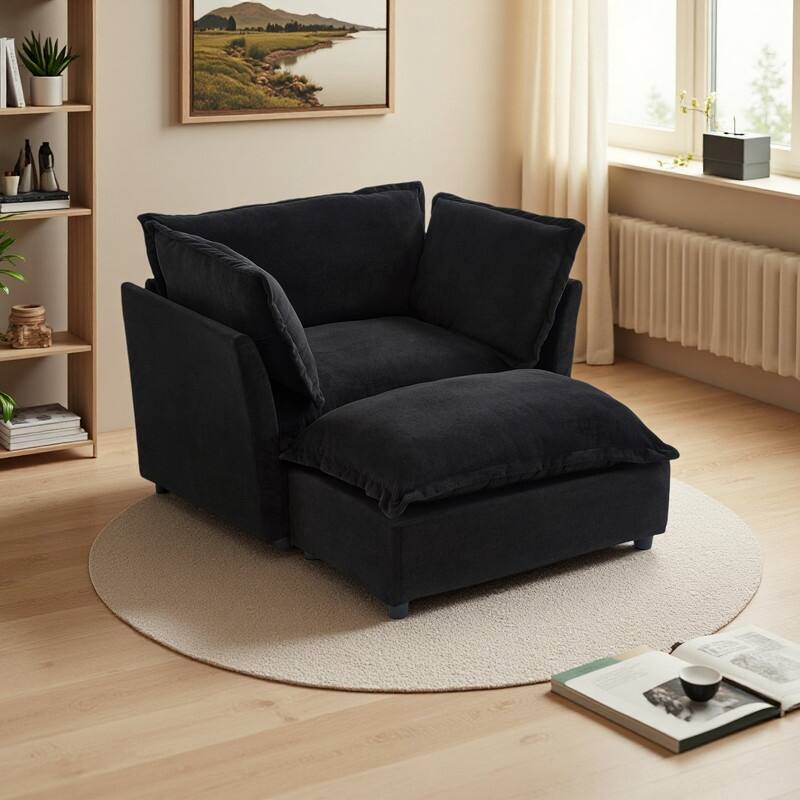 Chenille Modern Armchair Sofa with Movable Ottoman, Wide Seat, Curved Armrests, and Removable Cushions - Black