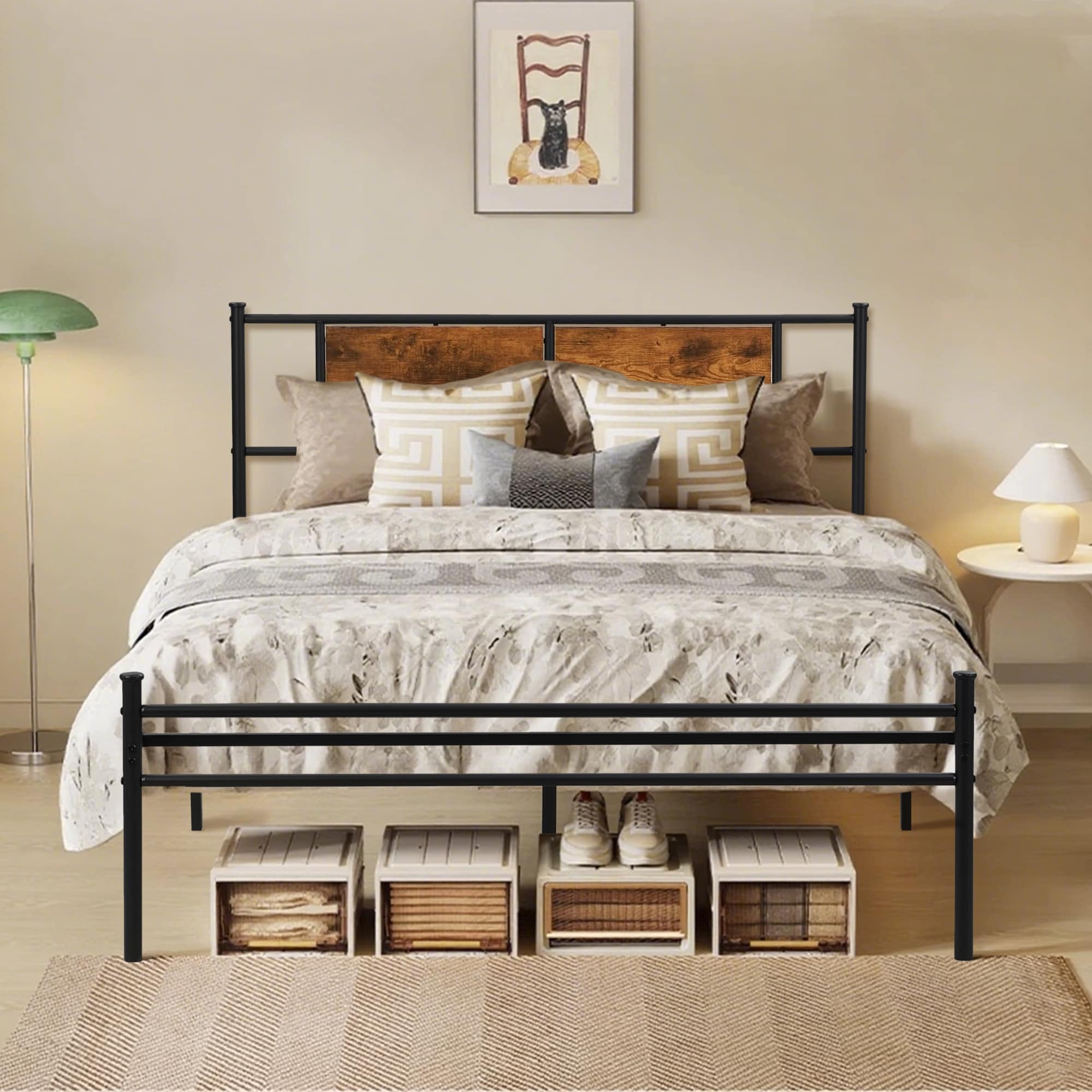 Queen Metal Platform Bed with Victorian Headboard & Storage