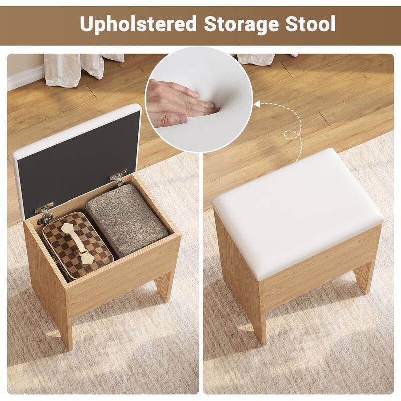 Corner Vanity Desk with Lighted Mirror Drawers Shelves Storage Stool