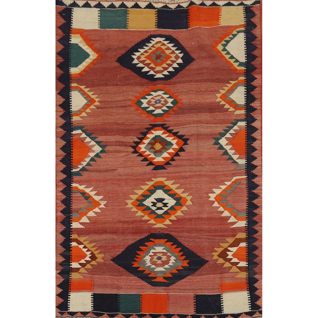 Vegetable Dye Kilim Qashqai Persian Rug Hand-Woven Vintage Wool Carpet - 4'4"x 6'6"