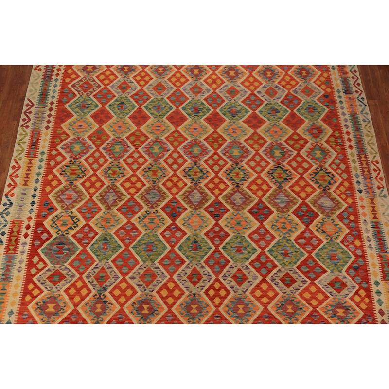 Tribal / Geometric Kilim Oriental Area Rug Hand-Woven Wool Carpet - 10'5"x 13'2"