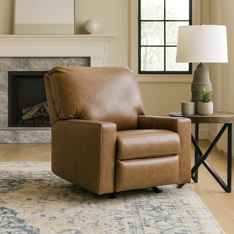 Miller Manual Recliner Chair, Pull Tab, Caramel Brown Real Leather