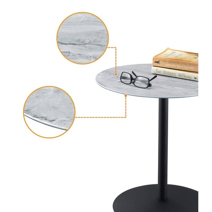 17.5"W End Table with Marble Textured Glass Top and Steel Base Modern Design