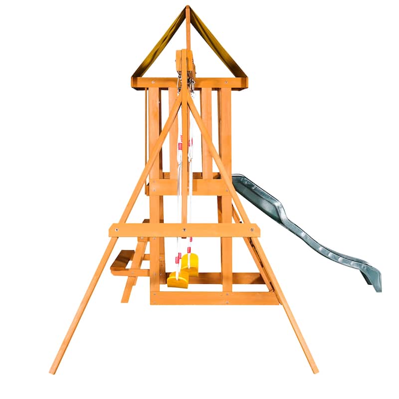 Outdoor 3 in 1 Wood Swing Set with Slide, 2 Swings and Climber