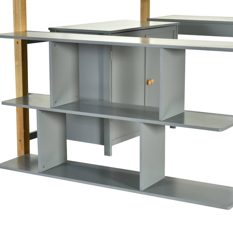 Twin Size Solid Wood Loft Bed With Built-in Storage Cabinet and Cubes, Foldable desk