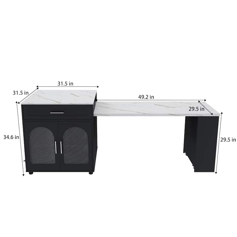 80" Expandable Kitchen Island with Dining Table with Marble-Grain Countertop with Power Outlet