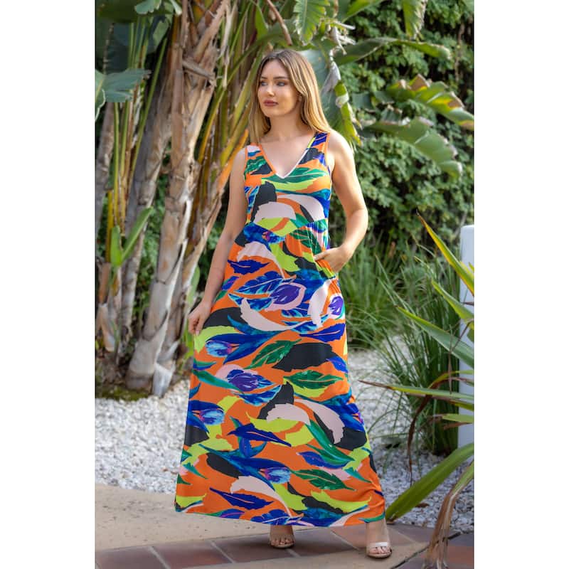 24seven Comfort Apparel Multicolor Floral Sleeveless V Neck Maxi Dress With Pockets