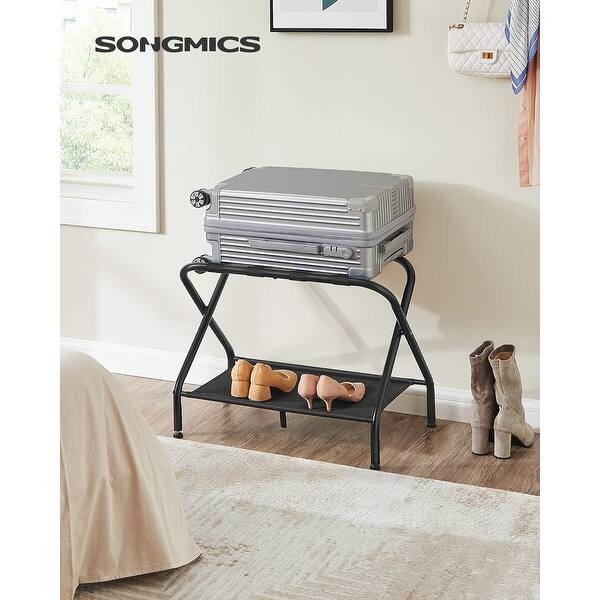 slide 2 of 2, SONGMICS Luggage Rack Suitcase Stand with Fabric Storage Shelf for Guest Room Bedroom Hotel Foldable Black