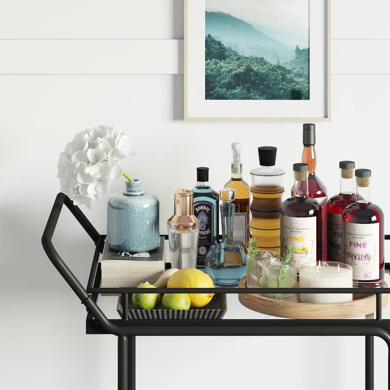 Nathan James Sally 2-Tiered Metal Frame Glass Rolling Bar Cart and Tea or Cocktail Cart