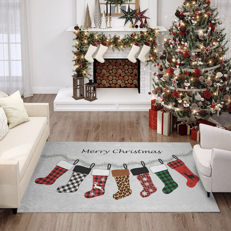 Indoor/ Outdoor Cozy Winter Gray Washable Holiday Rug