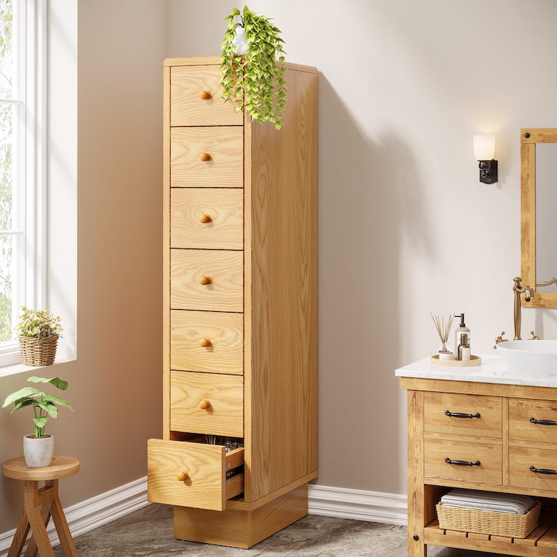 Tall Dresser with 5 Drawers, Wood Slim Storage Drawer Organizer, Oak