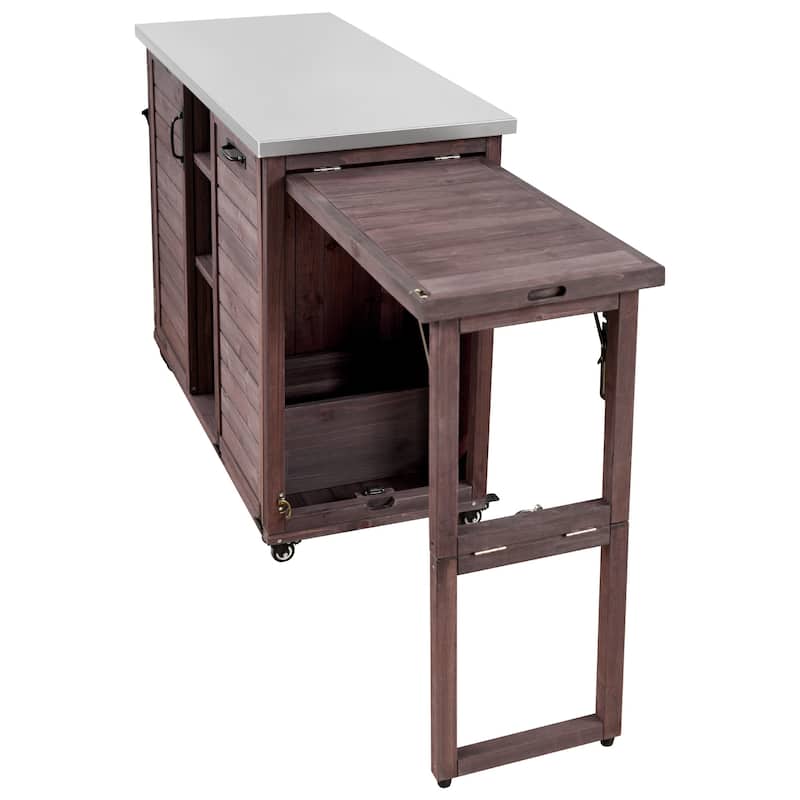 78.3" Outdoor Kitchen Island with Foldable Grill Table, Wooden Outdoor Grill Cart with Trash Can Storage & Stainless Steel Top