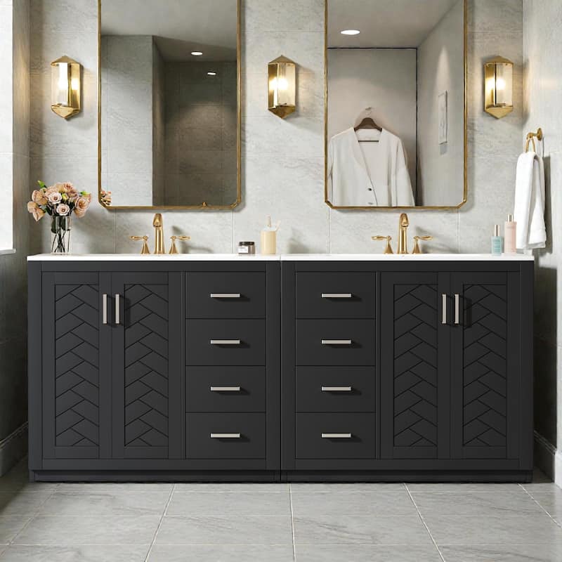 72" Solid Wood Freestanding Bathroom Vanity with Dual Ceramic Sinks, Double Storage Cabinet with Drawers and Soft-Close Doors - Black