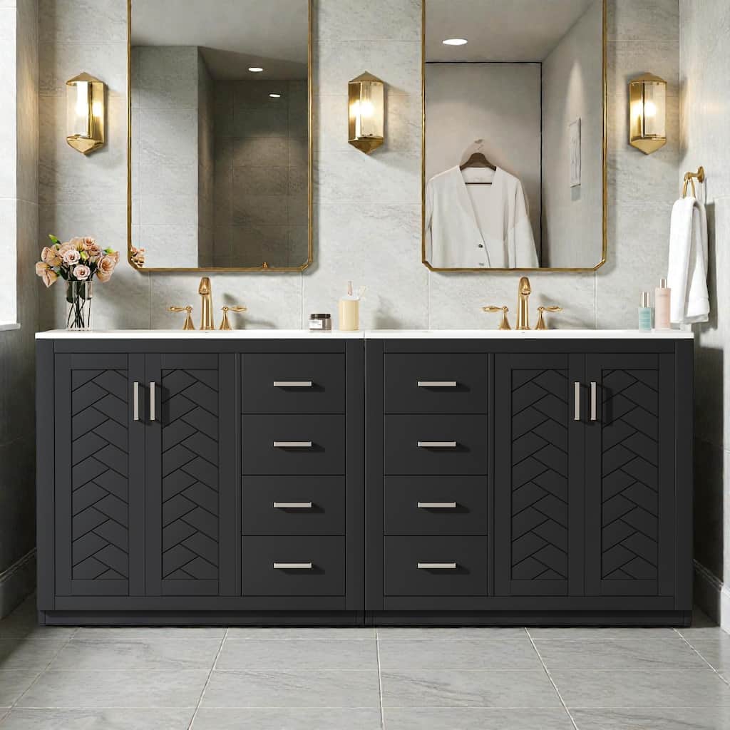 72" Solid Wood Freestanding Bathroom Vanity with Dual Ceramic Sinks, Double Storage Cabinet with Drawers and Soft-Close Doors