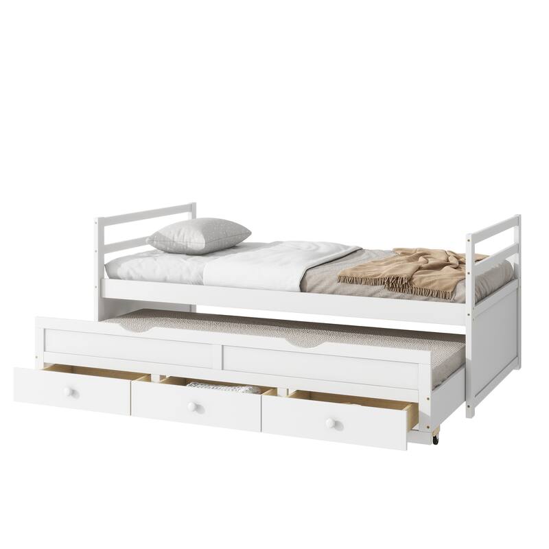 Twin Size Platform Bed with Pull-Out Trundle, Drawers, Classic Headboard, and Solid Pine Wood Construction