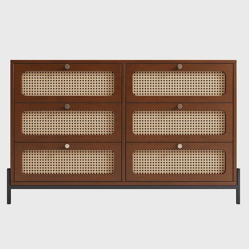 Modern Cannage Rattan Wood Closet 6-Drawer Dresser