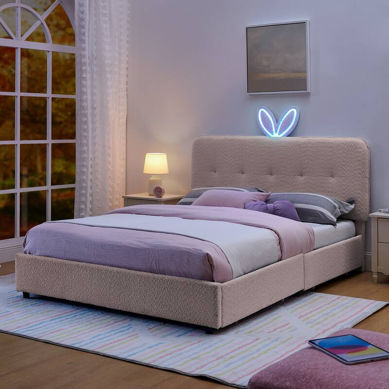Queen Size Boucle Upholstered Bed with Rabbit Ear Headboard, LED Music Sync & 4 Drawers