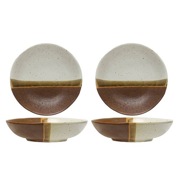 slide 1 of 1, 2-Tone Shallow Stoneware Bowl - 7.0"L x 7.0"W x 1.8"H 4 Piece - 7.0"L x 7.0"W x 1.8"H - Brown
