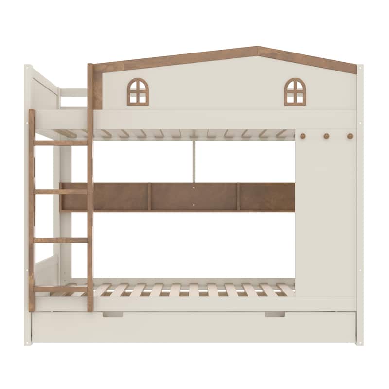 Queen over Queen Bunk Bed with Trundle, Shelves and Hooks