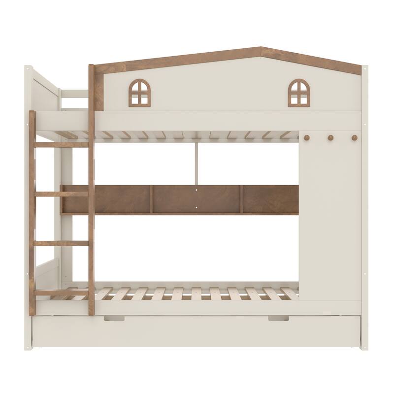 Queen over Queen Bunk Bed with Trundle and Storage Shelves, Solid Wood Bunk Beds with hooks, No Box Spring Needed