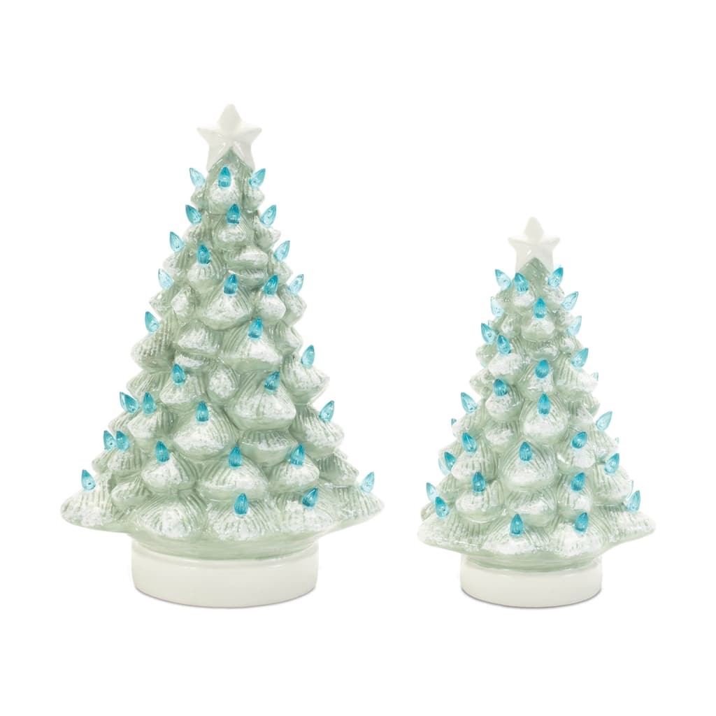 Set of 2 Lighted Ceramic Christmas Tree Blue and Green Holiday Table Decorations with LED Lights - 7.75”L x 7.75” x 11.5”H
