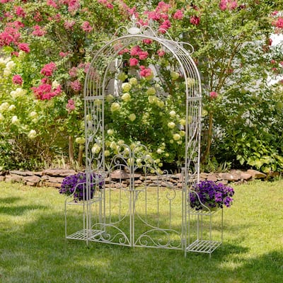 Iron Garden Gate with Side Plant Stands