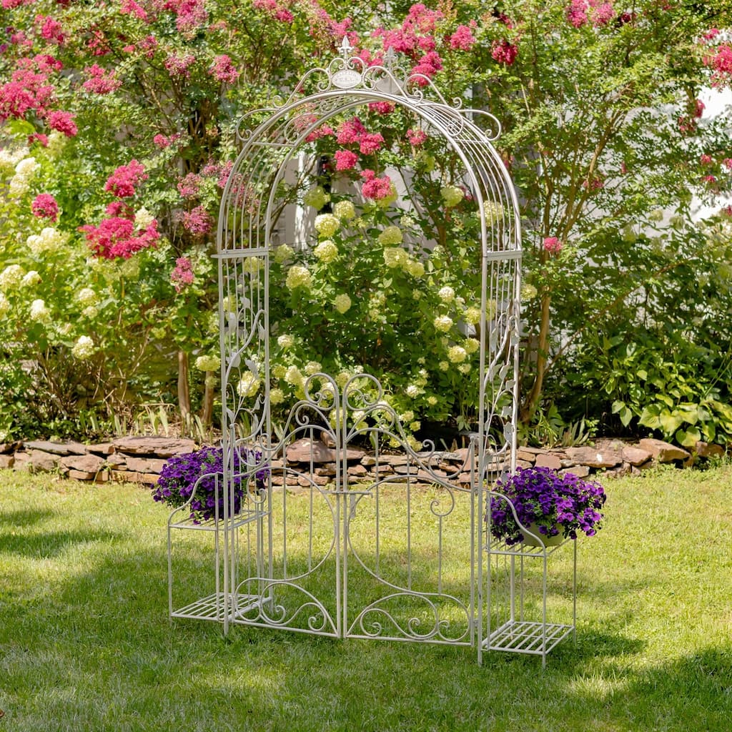 Iron Garden Gate with Side Plant Stands