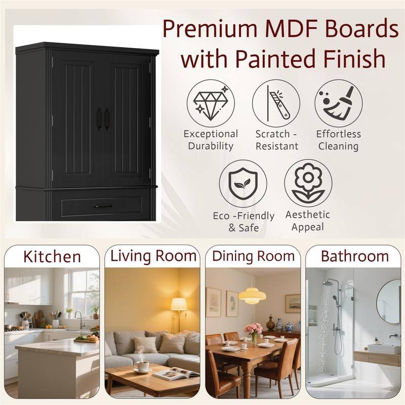 Bathroom Storage Cabinet with 2 Storage Drawers and 4 Doors, Freestanding Bathroom Floor Cabinet with Adjustable Shelf