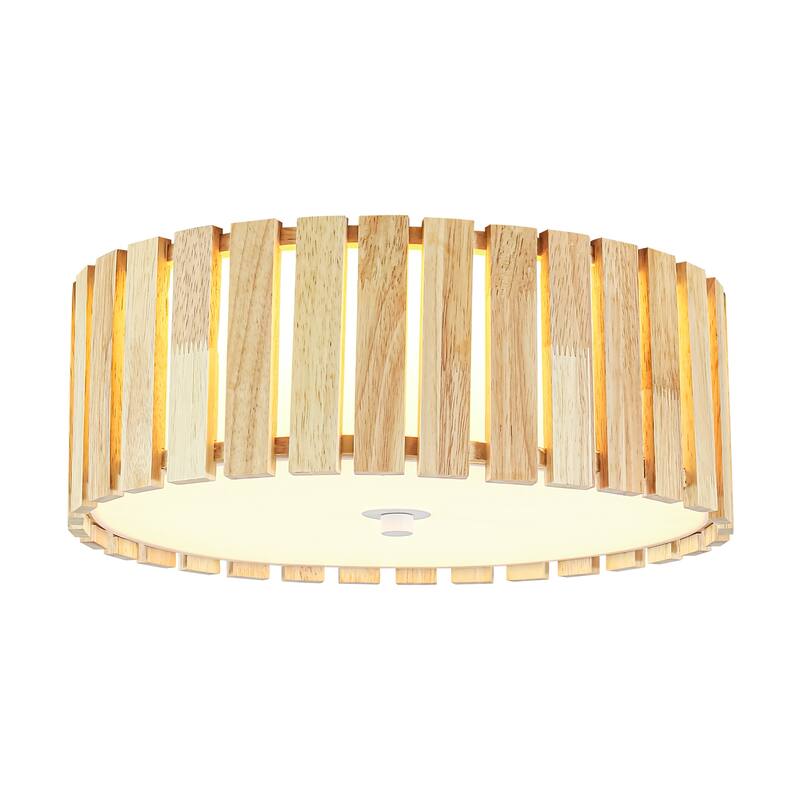 14.2" Rustic Boho Wooden Strips Cylindrical Drum Shade LED Flush Mount Ceiling Light for Living Room